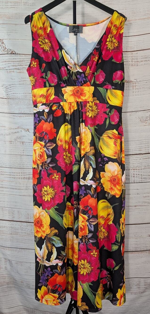 Vintage Slinky Brand Dress L Late 90s Y2K 2000s Tropical Floral Travel Knit USA